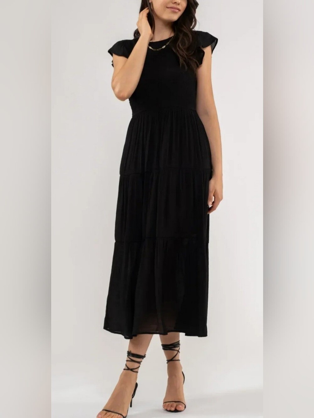 Sweet Wanderer Black Cap-Sleeve Midi Dress